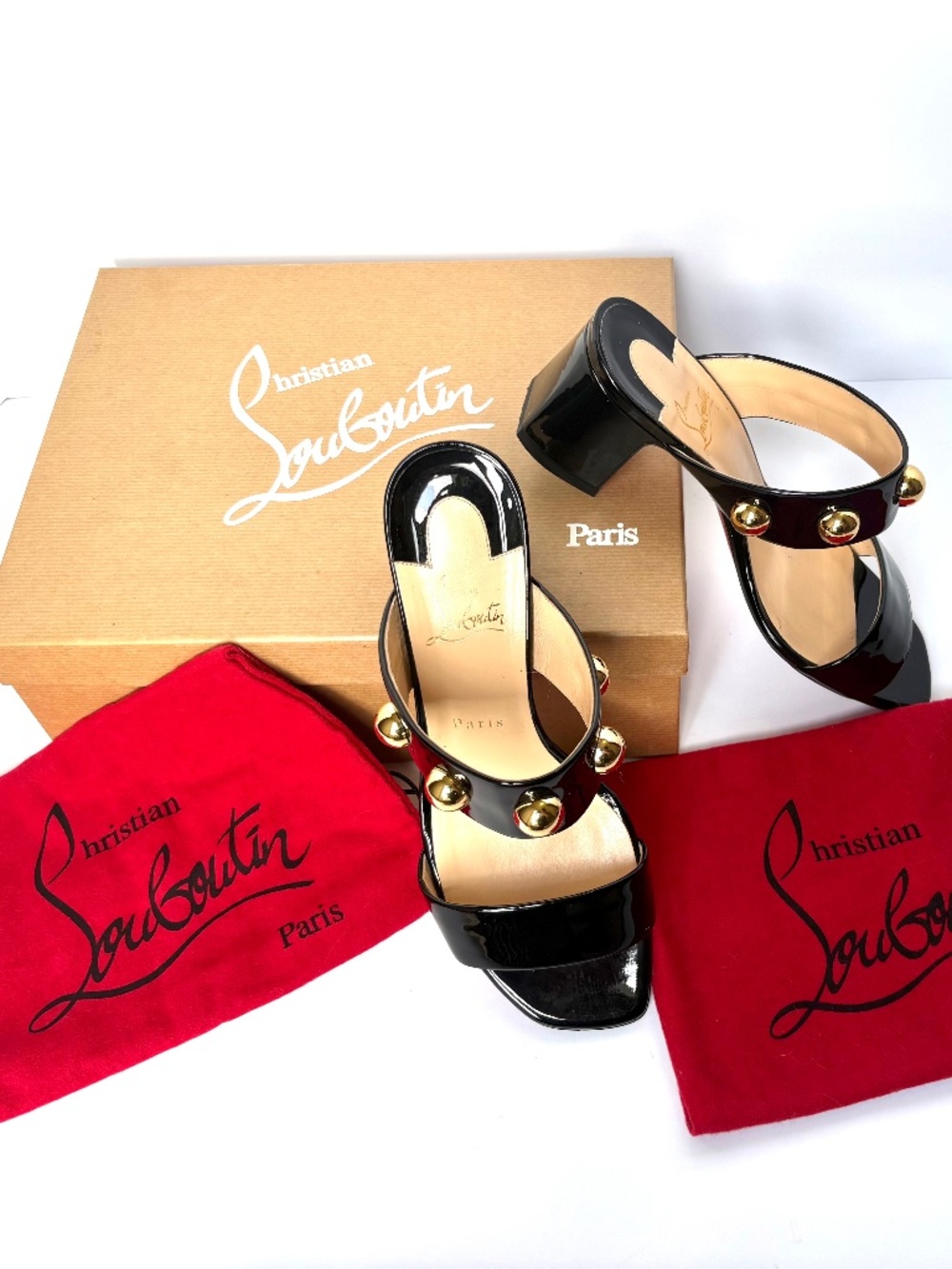 Christian Louboutin Simple Bille 55 Patent Mules Black Gold 39.5 Box Receipt